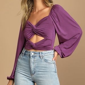 Flirty and Fab Dusty Purple Knot Front Long Sleeve Crop Top